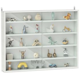 5-Tier White Display Cabinet with Glass Doors & Adjustable Shelves, Wall-Mounted