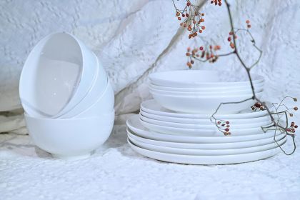 Lily Bone China Dinnerware Set, 16 Pieces, Service For 4, White Plates, Dishes, Bowls Set, Microwave And Dishwasher Safe (Option: White)